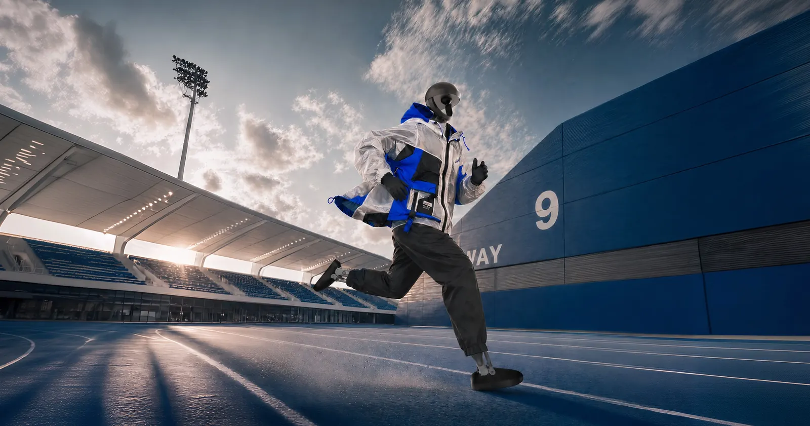 Robot humanoide bípedo PUDU D9 corriendo por una pista de atletismo al amanecer