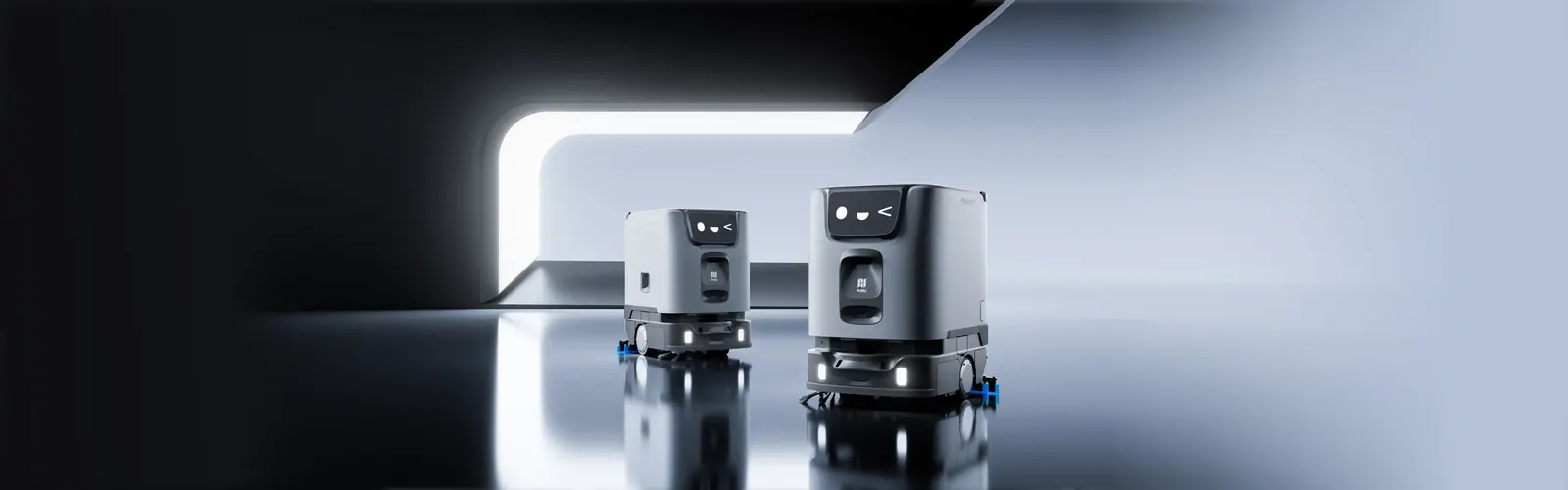 Robots fregadores-secadores compactos PUDU ET1 en un escenario futurista luminoso