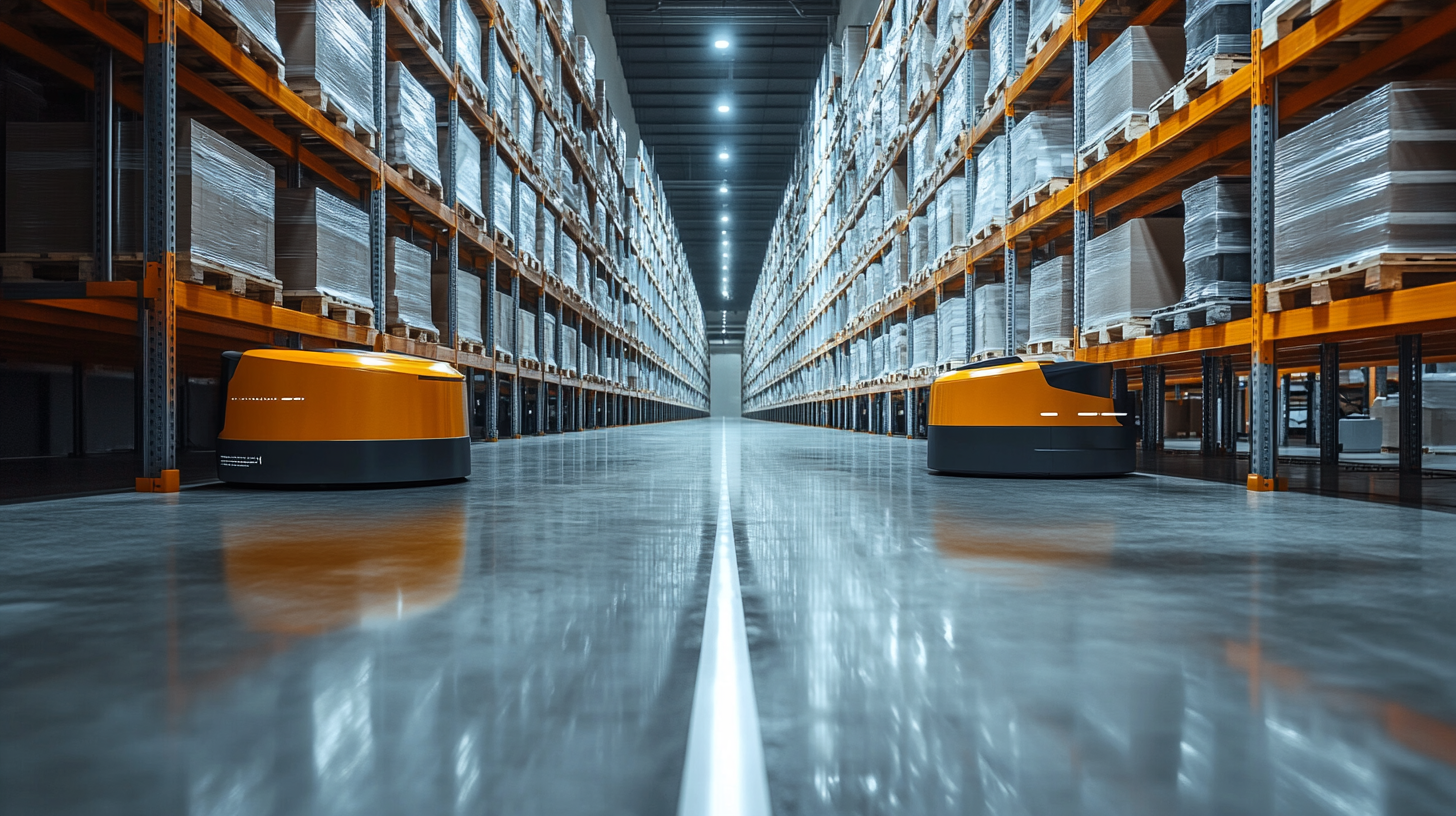 Dos robots de limpieza industrial autónomos operando en paralelo en almacén logístico de gran capacidad con estanterías