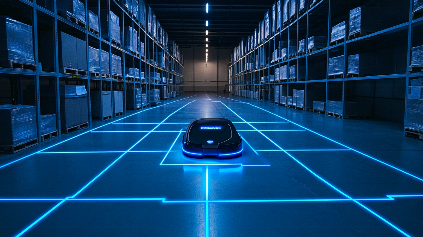 Robot de limpieza industrial autónomo mostrando cobertura de zona con cuadrícula luminosa en almacén