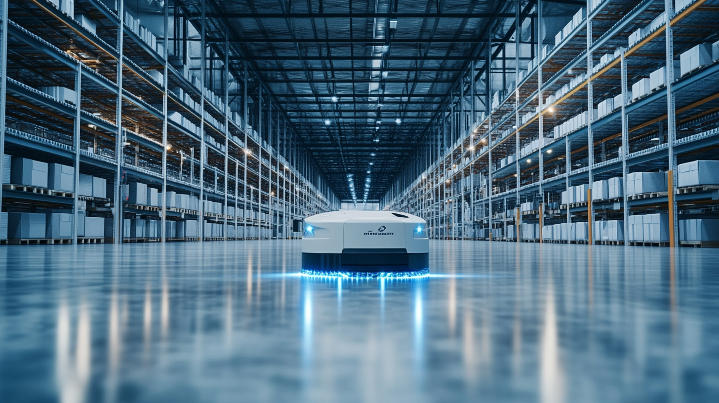Robot fregadora autónoma de limpieza industrial en almacén logístico de gran superficie con estanterías de gran altura