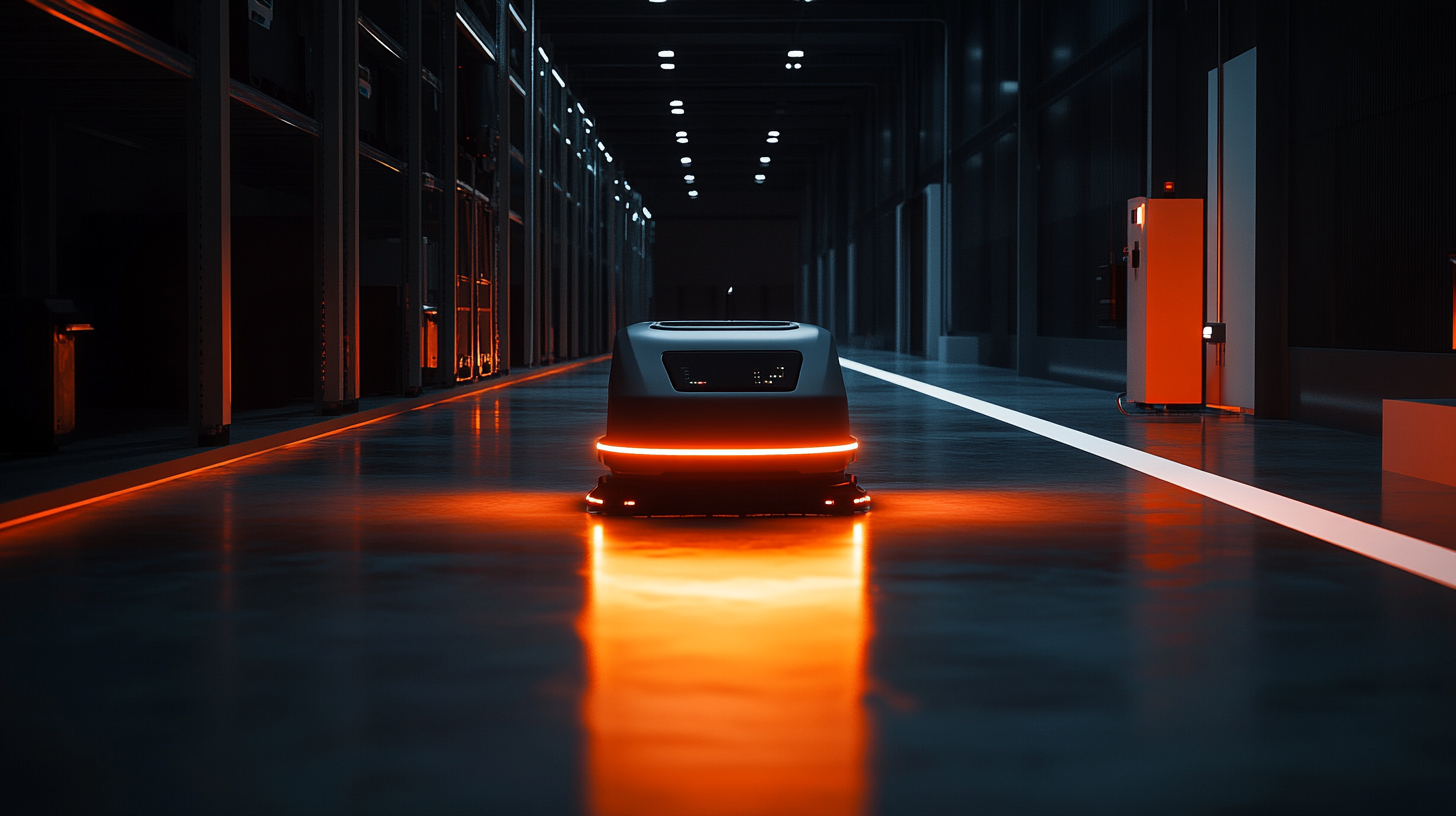 Robot de limpieza industrial autónomo en pasillo de almacén con luz naranja de activación