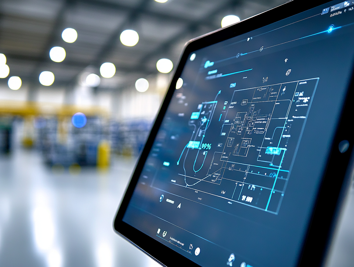 Tablet mostrando mapa de navegación autónoma y planificación de rutas del robot de limpieza en almacén industrial